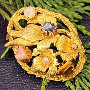 Vintage Tumbled Gemstone Brushed Gold Tone Brooch Pin Tiger Eye Amethyst Oval 2"